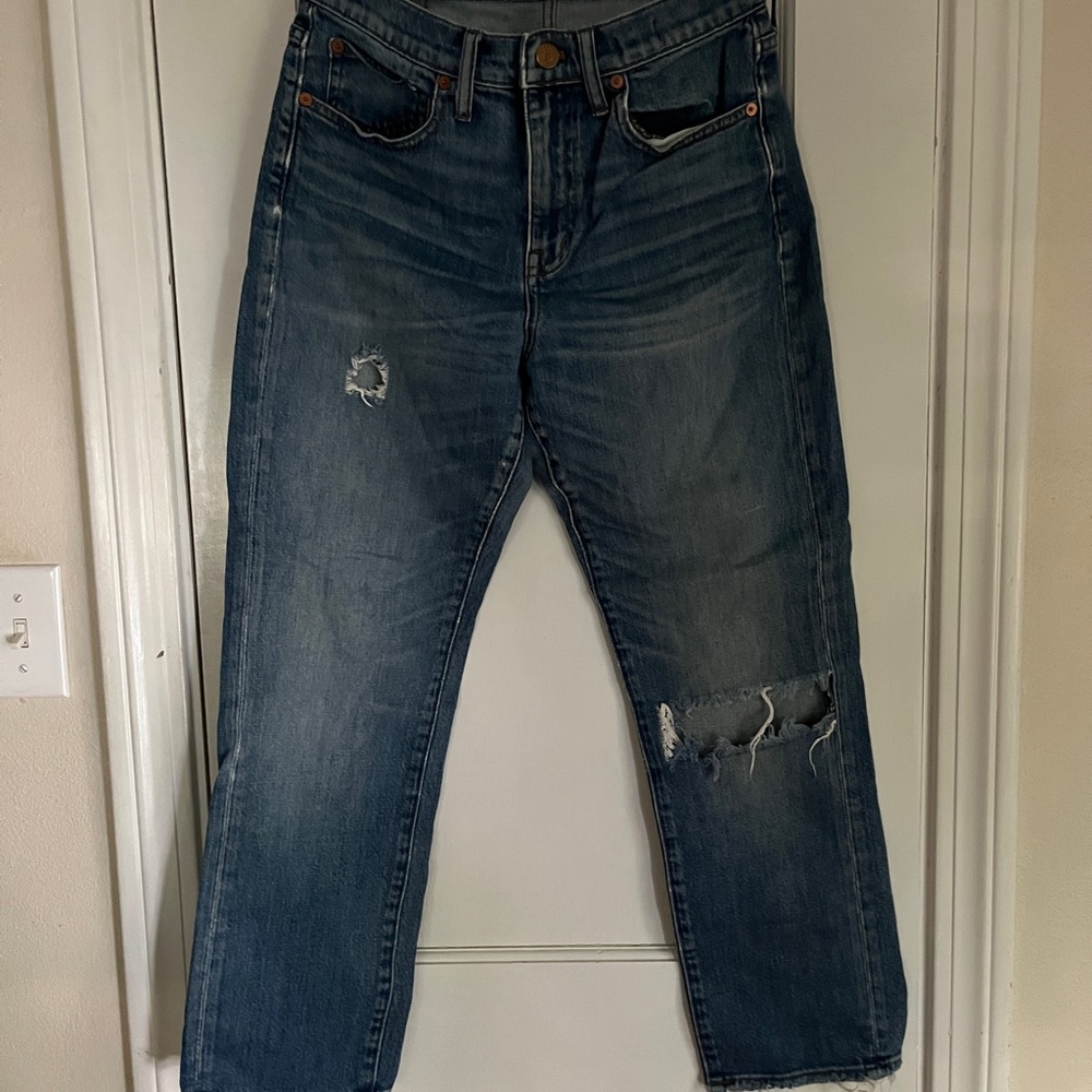 Madewell Blue Straight Leg Jeans with Vintage Distressing